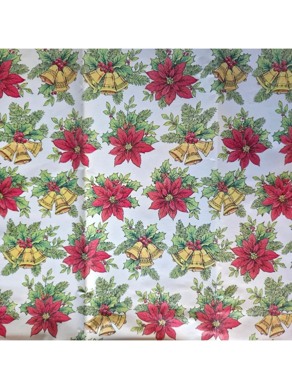 Vintage Christmas Wrapping Paper Poinsettias Gold Bells Holiday Gift Wrap 10 ft